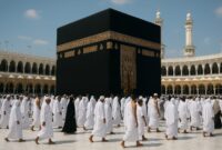Ilustrasi orang-orang melaksanakan ibadah umroh di tanah suci Makkah. (J03/A01)