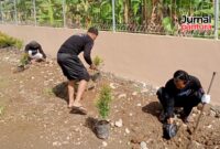 Para pegawai Dinas Arpusda Kudus menanam pohon pucuk merah di area gedung perpustakaan yang baru. (Foto: J02)