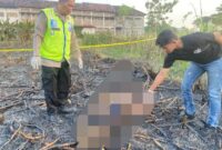 Personel Polsek Wedarijaksa melakukan pemeriksaan dan olah TKP di lokasi kejadian yang menewaskan seorang petani saat membersihkan lahan tebu dengan cara membakar daun tebu kering di Desa Wedarijaksa, Kabupaten Pati.