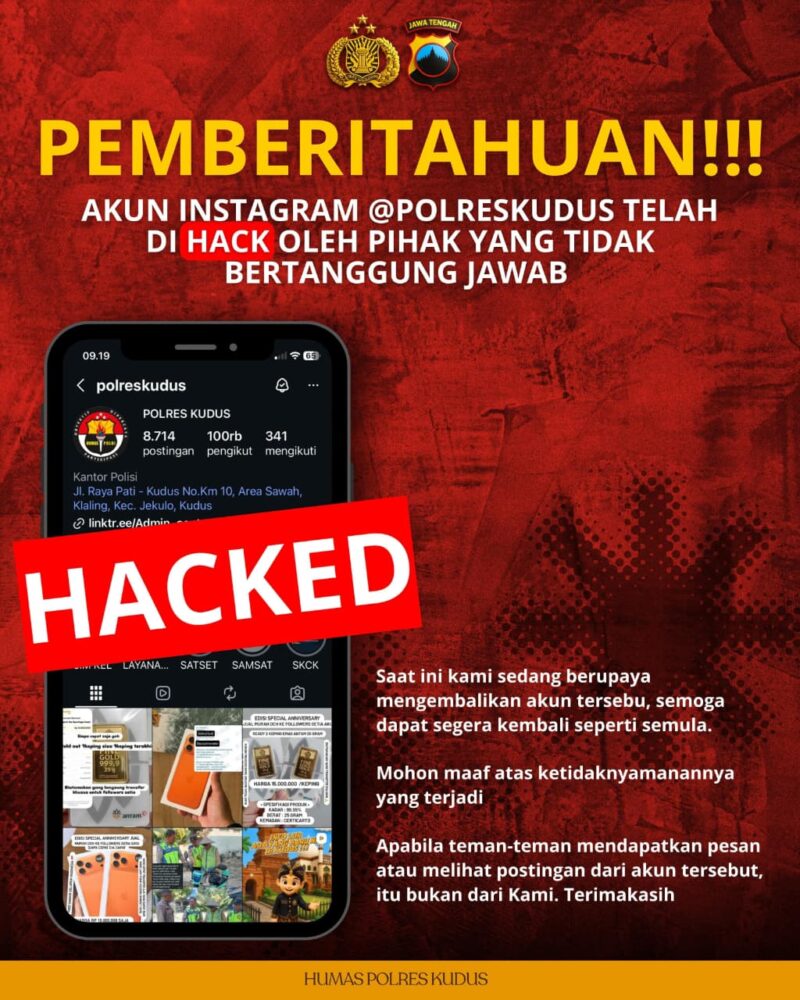 Flyer Pemberitahuan Polres Kudus terkait dugaan peretasan akun instagram. (Foto: ist)