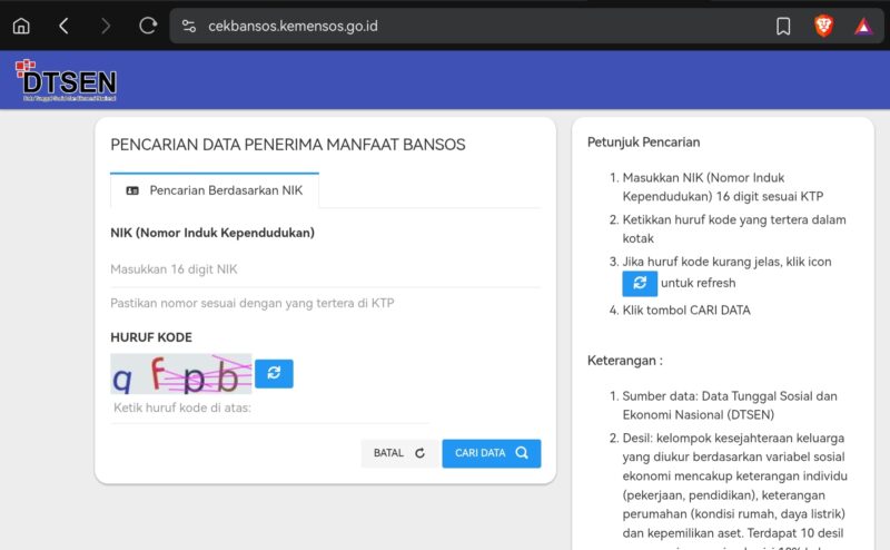 Laman Cek Bansos milik Kementerian Sosial RI untuk mengecek data desil. (Foto: JP) 